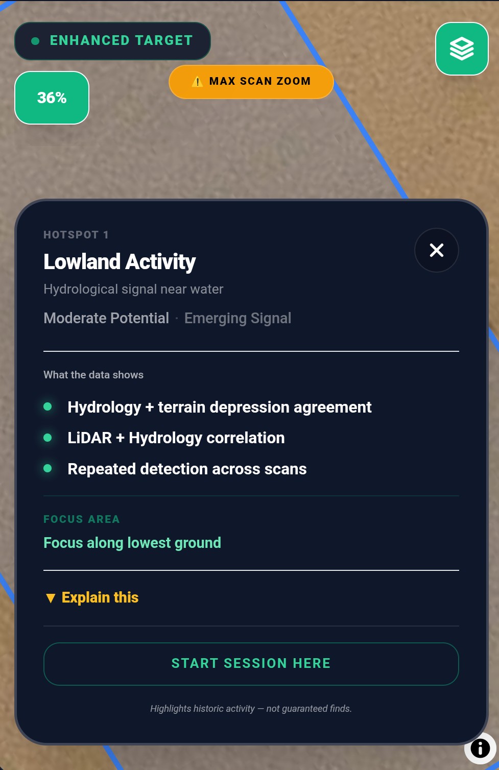 A FieldGuide hotspot card showing multiple signals supporting the same location